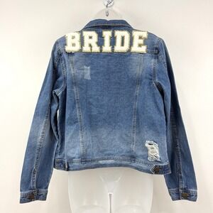 Judith March Bride Denim Jacket‎ Women's L Distressed Patch Country Event
